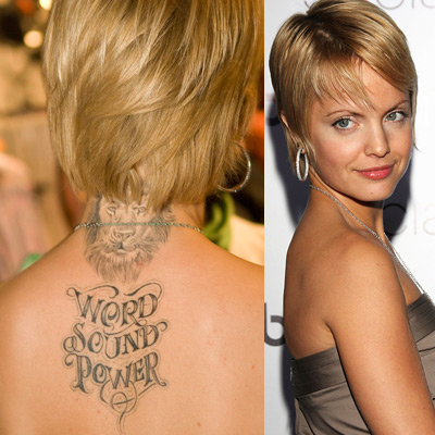 Mena Suvari shows off her Lion with words WordSoundPower tattoo done by